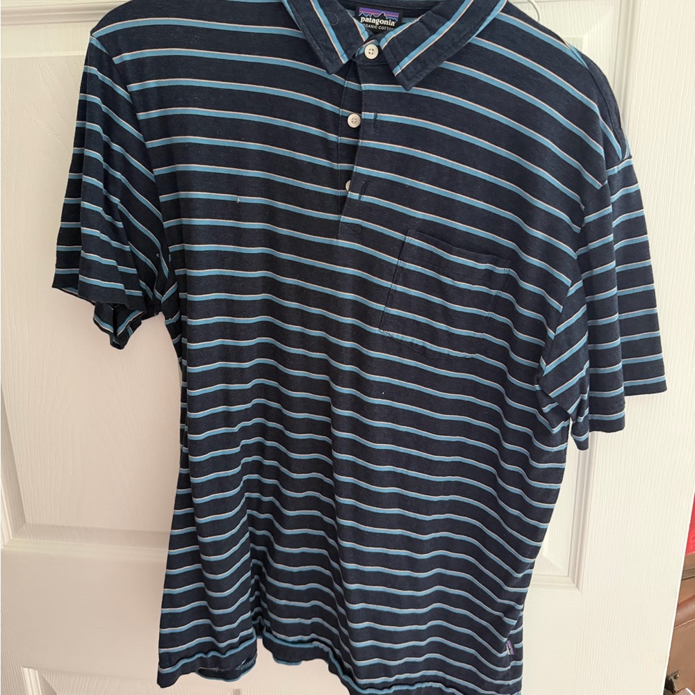 Patagonia Navy and Light Blue Striped Polo